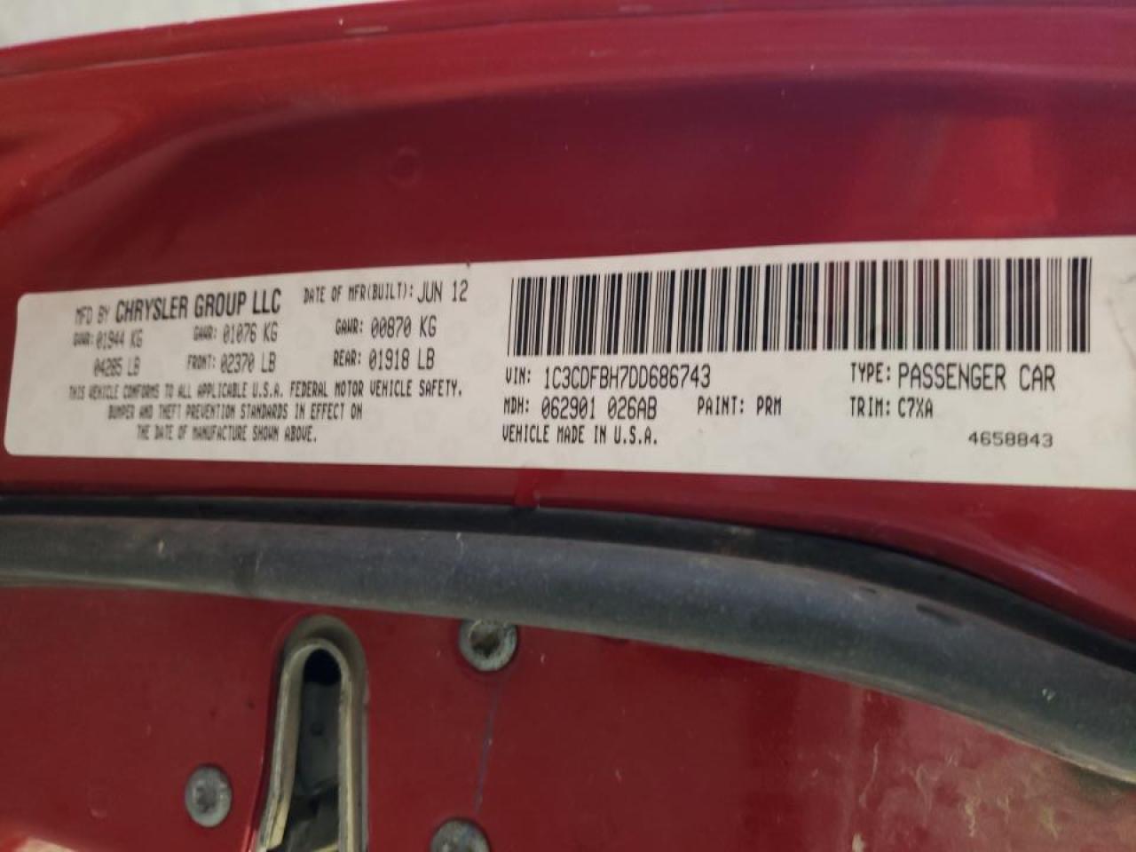 Photo 10 from auction – 2013 DODGE DART SXT with VIN 1C3CDFBH7DD686743
