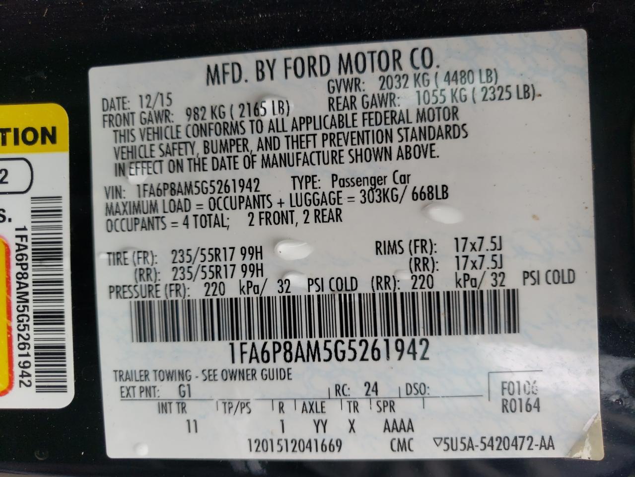 Photo 10 from auction – 2016 FORD MUSTANG with VIN 1FA6P8AM5G5261942