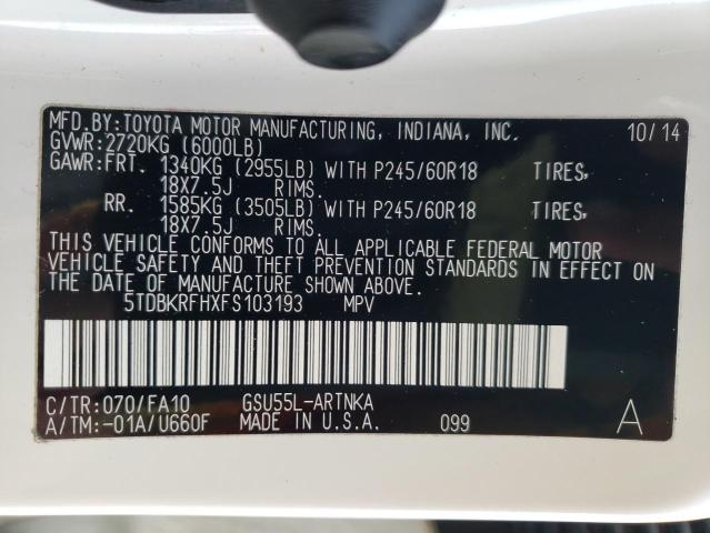 Photo 10 from auction – 2015 TOYOTA HIGHLANDER with VIN 5TDBKRFHXFS103193