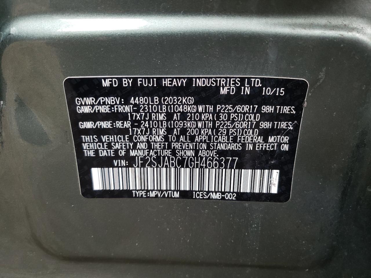 Photo 10 from auction – 2016 SUBARU FORESTER 2 with VIN JF2SJABC7GH466377