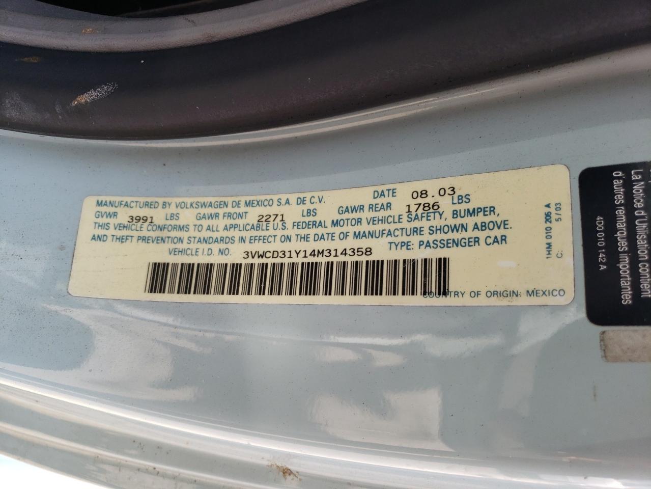 Photo 10 from auction – 2004 VOLKSWAGEN NEW BEETLE with VIN 3VWCD31Y14M314358