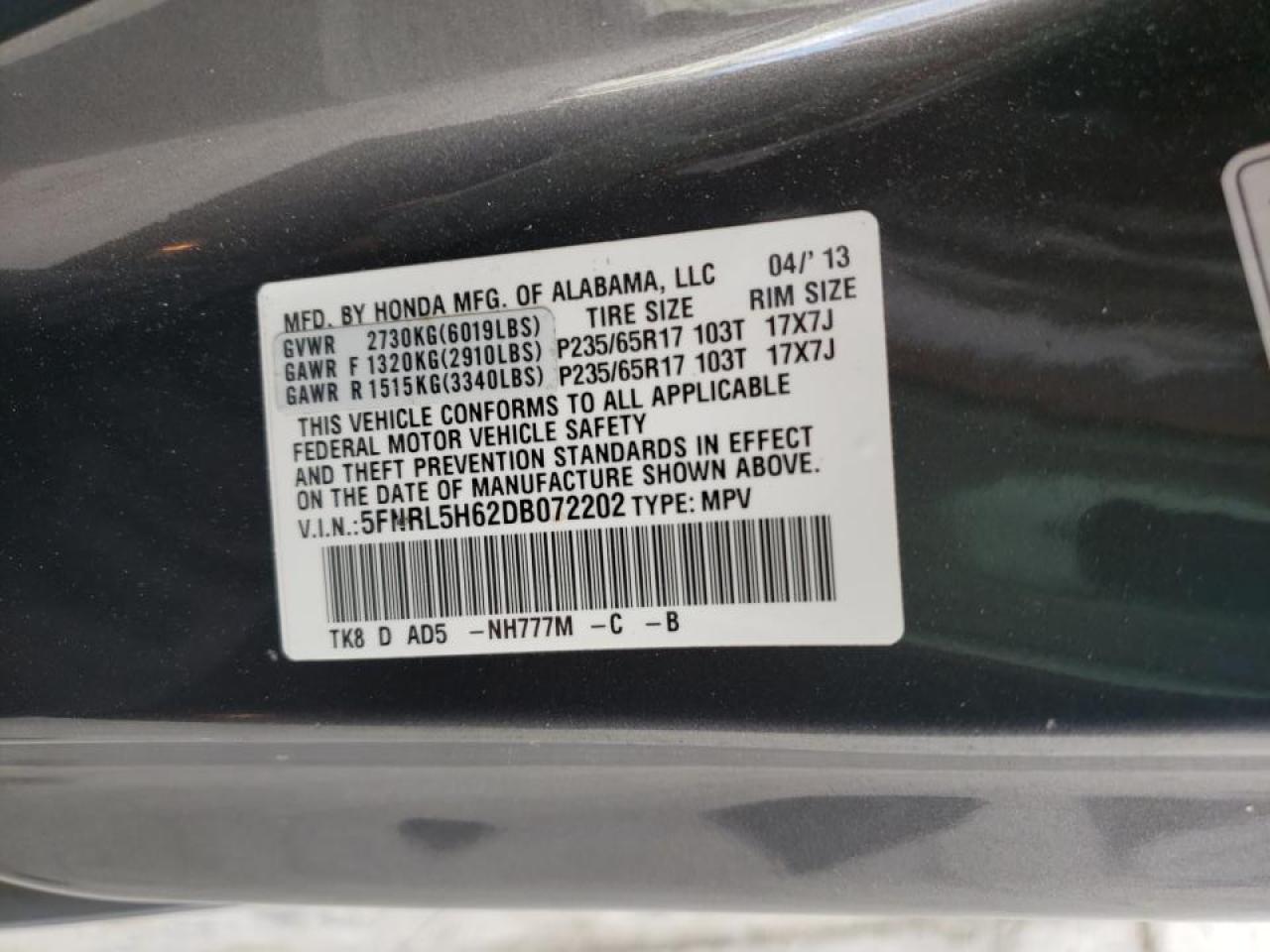Photo 20 from auction – 2013 HONDA ODYSSEY EX with VIN 5FNRL5H62DB072202