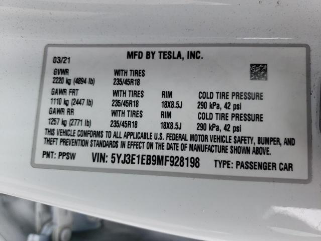Photo 10 from auction – 2021 TESLA MODEL 3 with VIN 5YJ3E1EB9MF928198