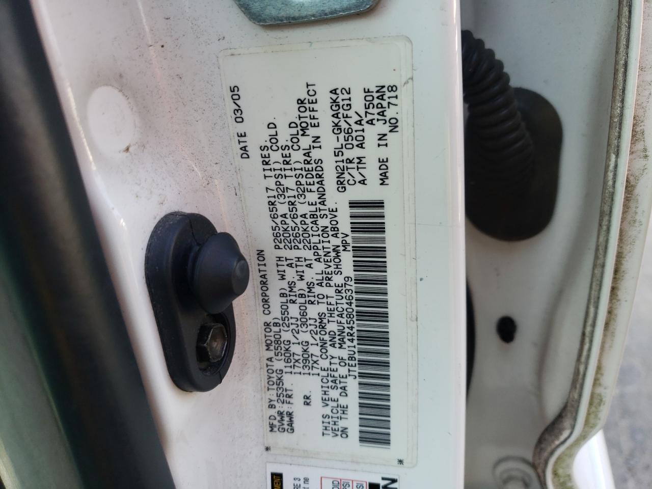 Photo 10 from auction – 2005 TOYOTA 4RUNNER SR with VIN JTEBU14R458046379