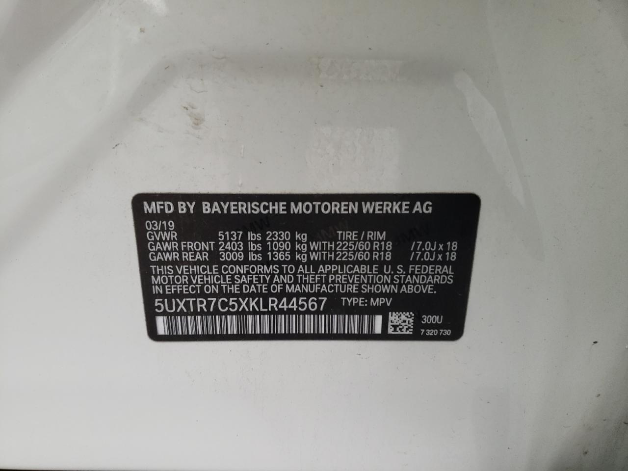 Photo 10 from auction – 2019 BMW X3 SDRIVE3 with VIN 5UXTR7C5XKLR44567