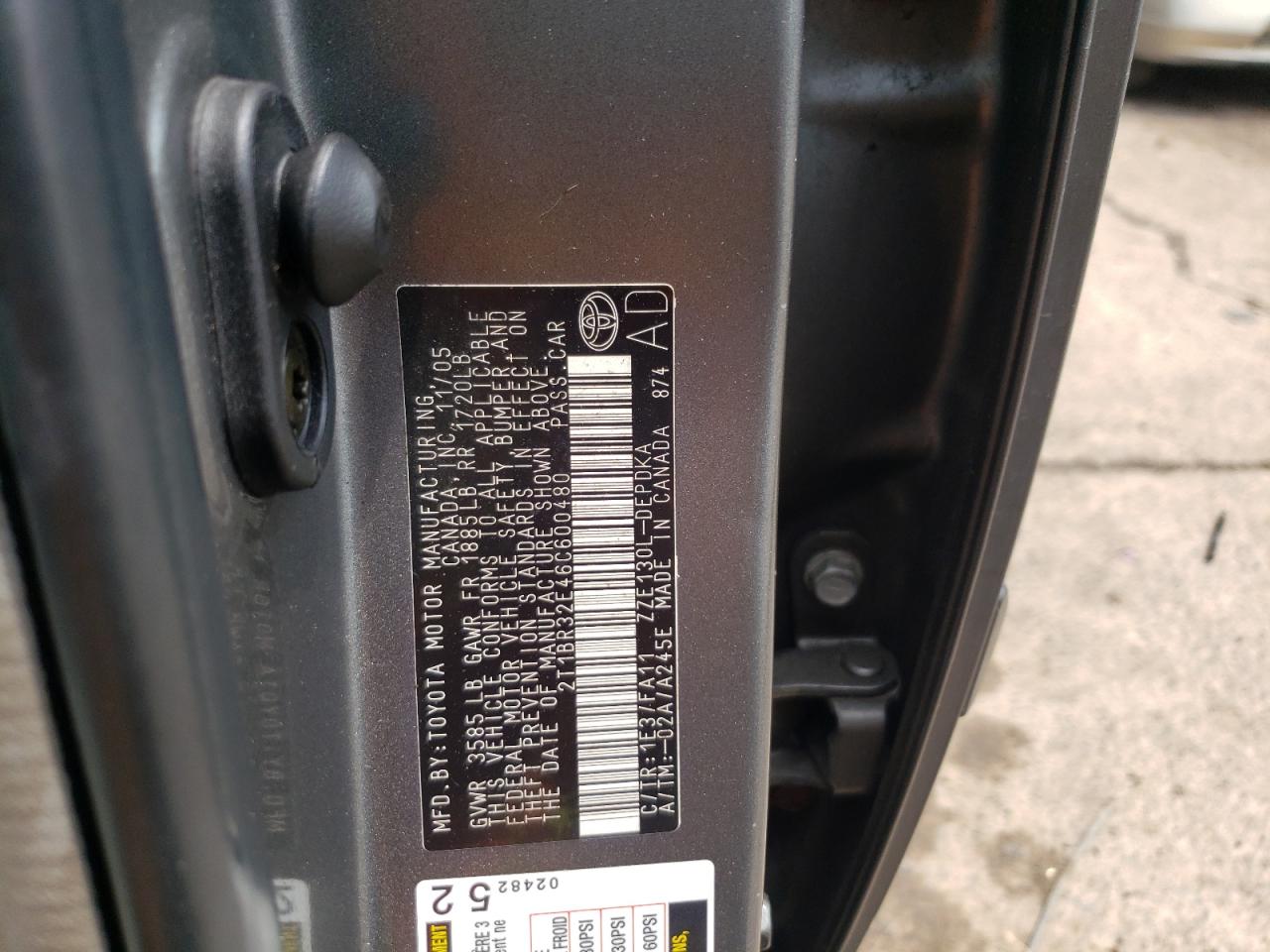 Photo 10 from auction – 2006 TOYOTA COROLLA CE with VIN 2T1BR32E46C600480