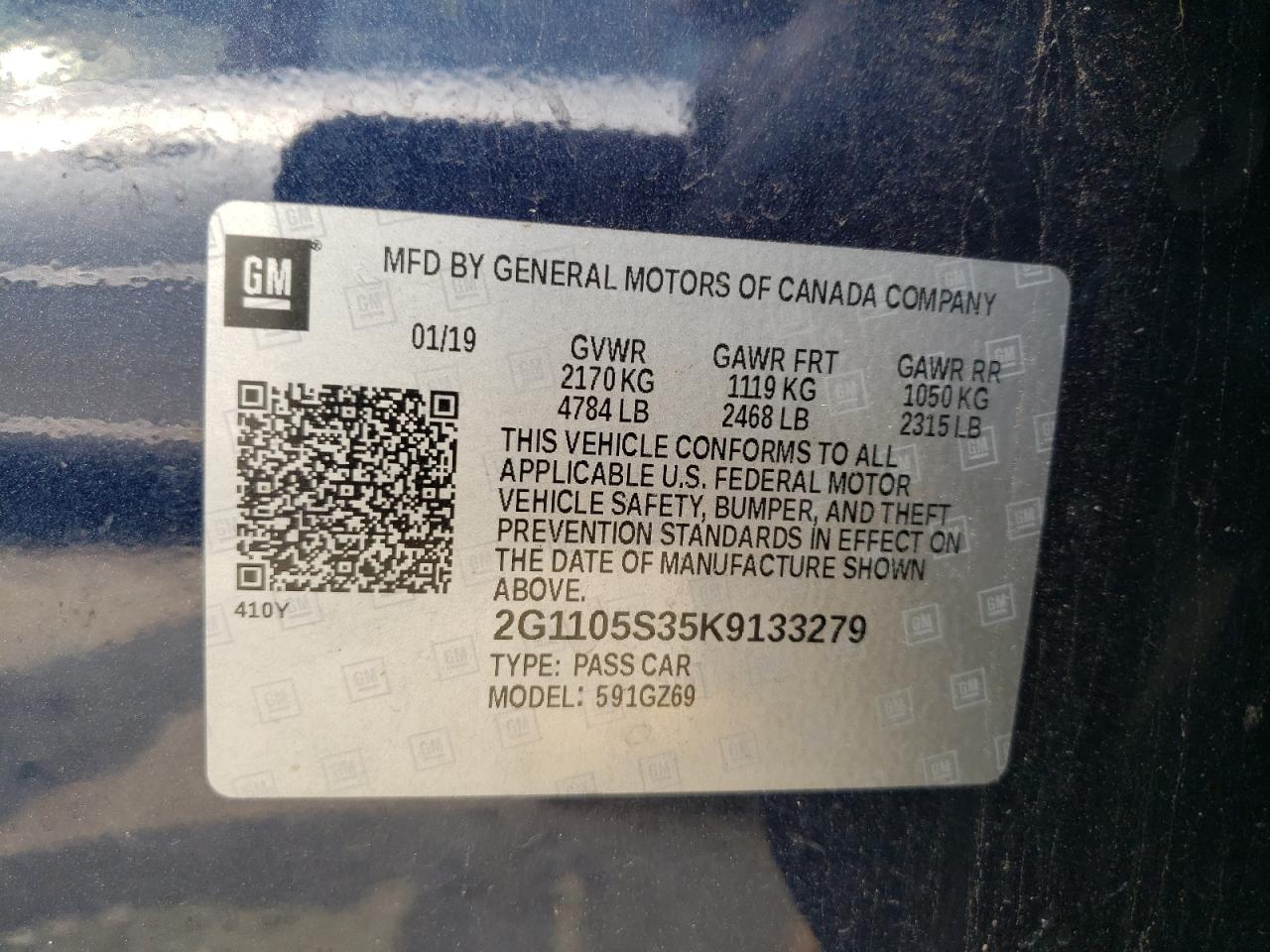 Photo 10 from auction – 2019 CHEVROLET IMPALA PRE with VIN 2G1105S35K9133279