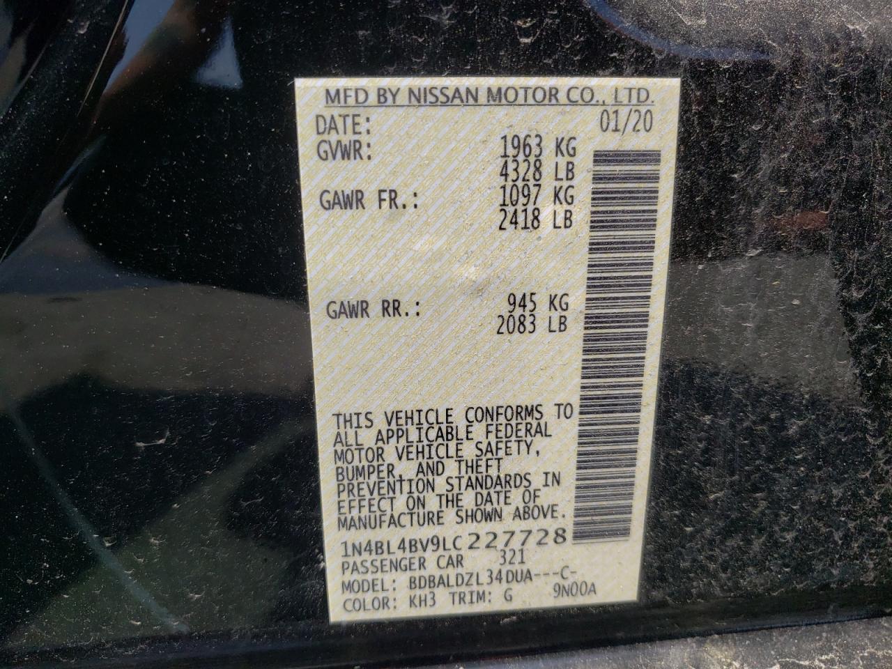 Photo 11 from auction – 2020 NISSAN ALTIMA S with VIN 1N4BL4BV9LC227728