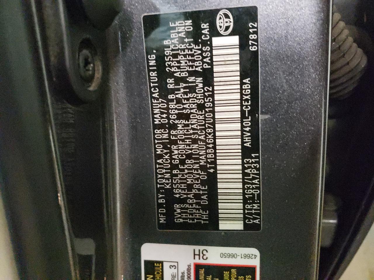 Photo 10 from auction – 2007 TOYOTA CAMRY HYBR with VIN 4T1BB46K87U019512