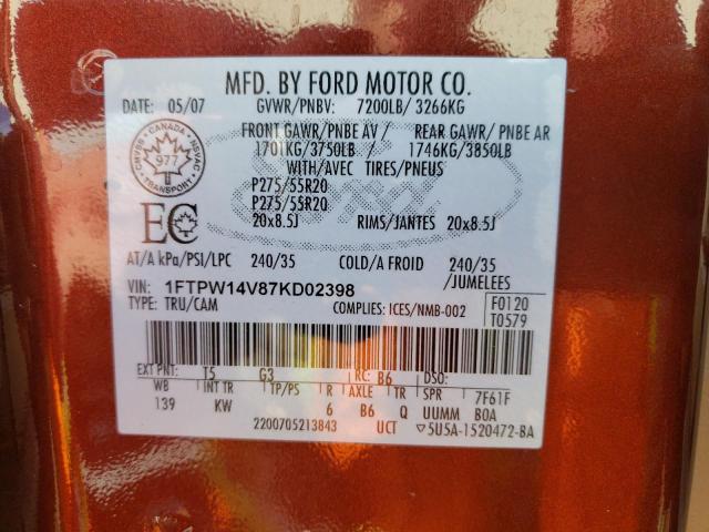 Photo 10 from auction – 2007 FORD F150 SUPER with VIN 1FTPW14V87KD02398