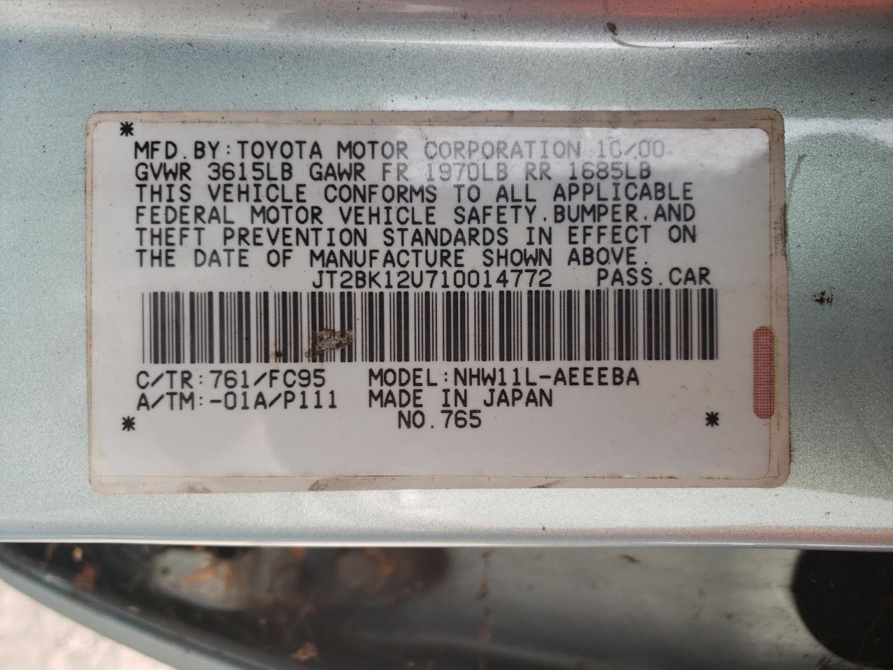 Photo 10 from auction – 2001 TOYOTA PRIUS with VIN JT2BK12U710014772