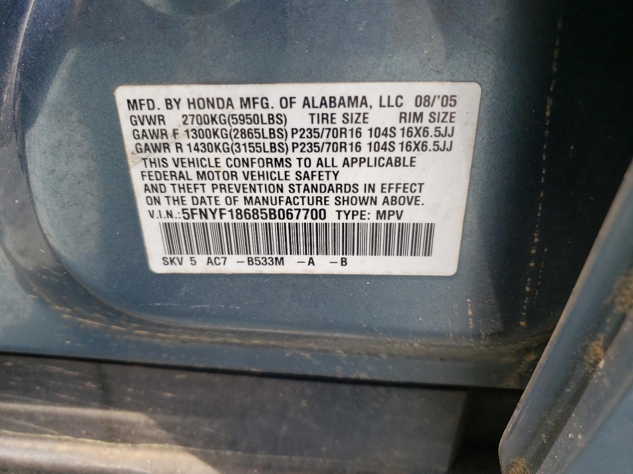 Foto 10 de la subasta – 2005 HONDA PILOT EXL con VIN 5FNYF18685B067700