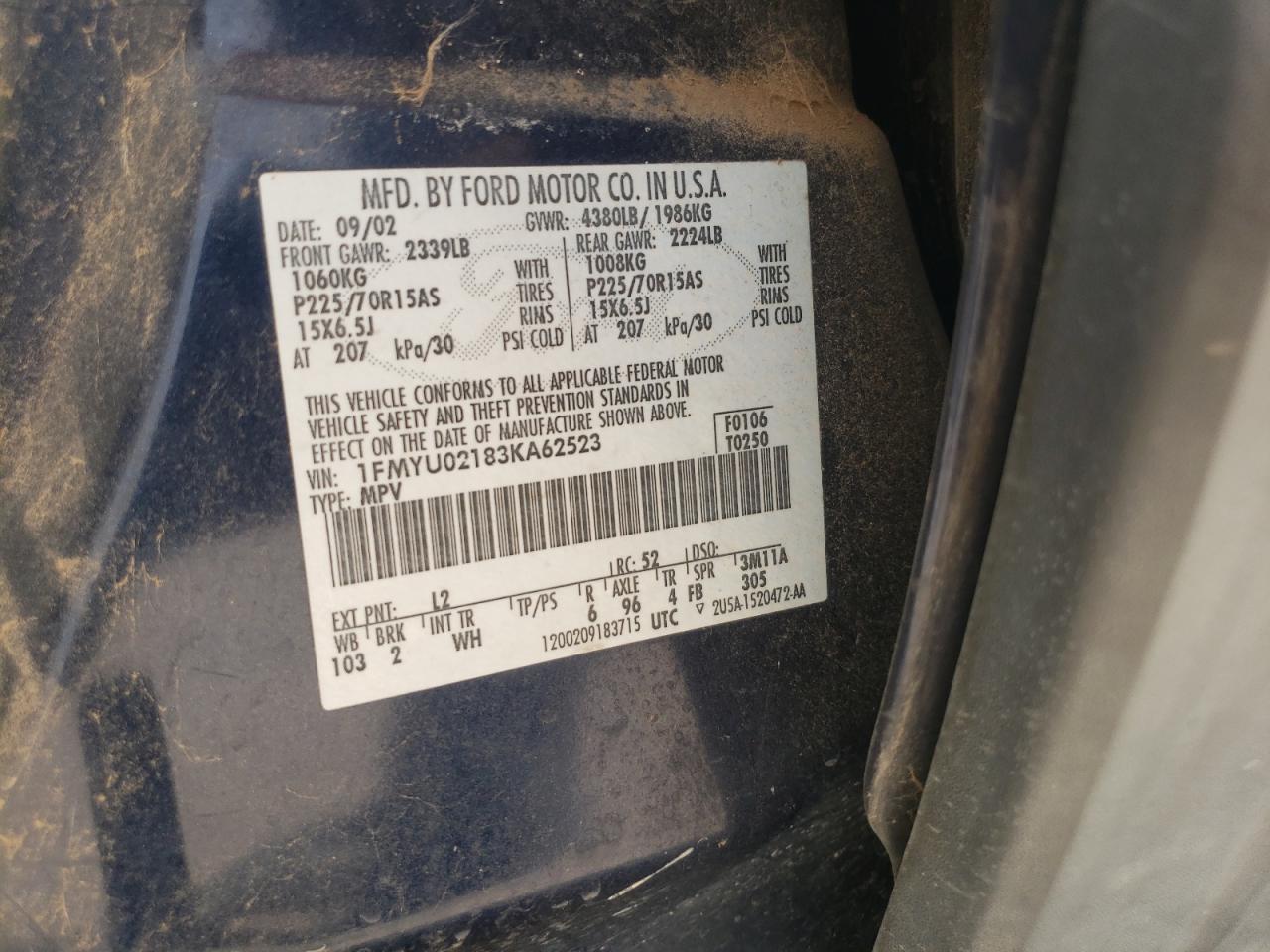 Photo 10 from auction – 2003 FORD ESCAPE XLS with VIN 1FMYU02183KA62523