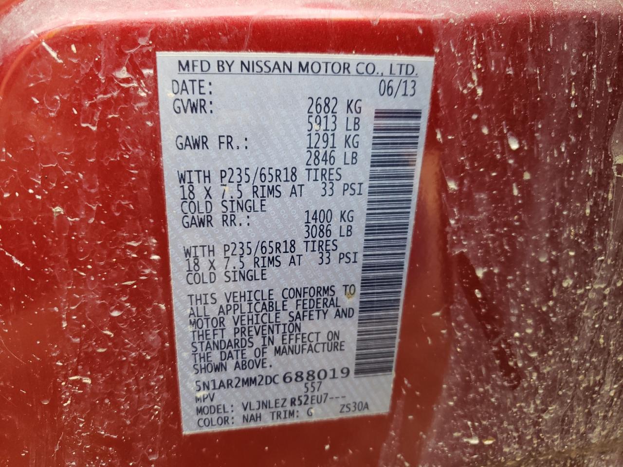 Photo 10 from auction – 2013 NISSAN PATHFINDER with VIN 5N1AR2MM2DC688019