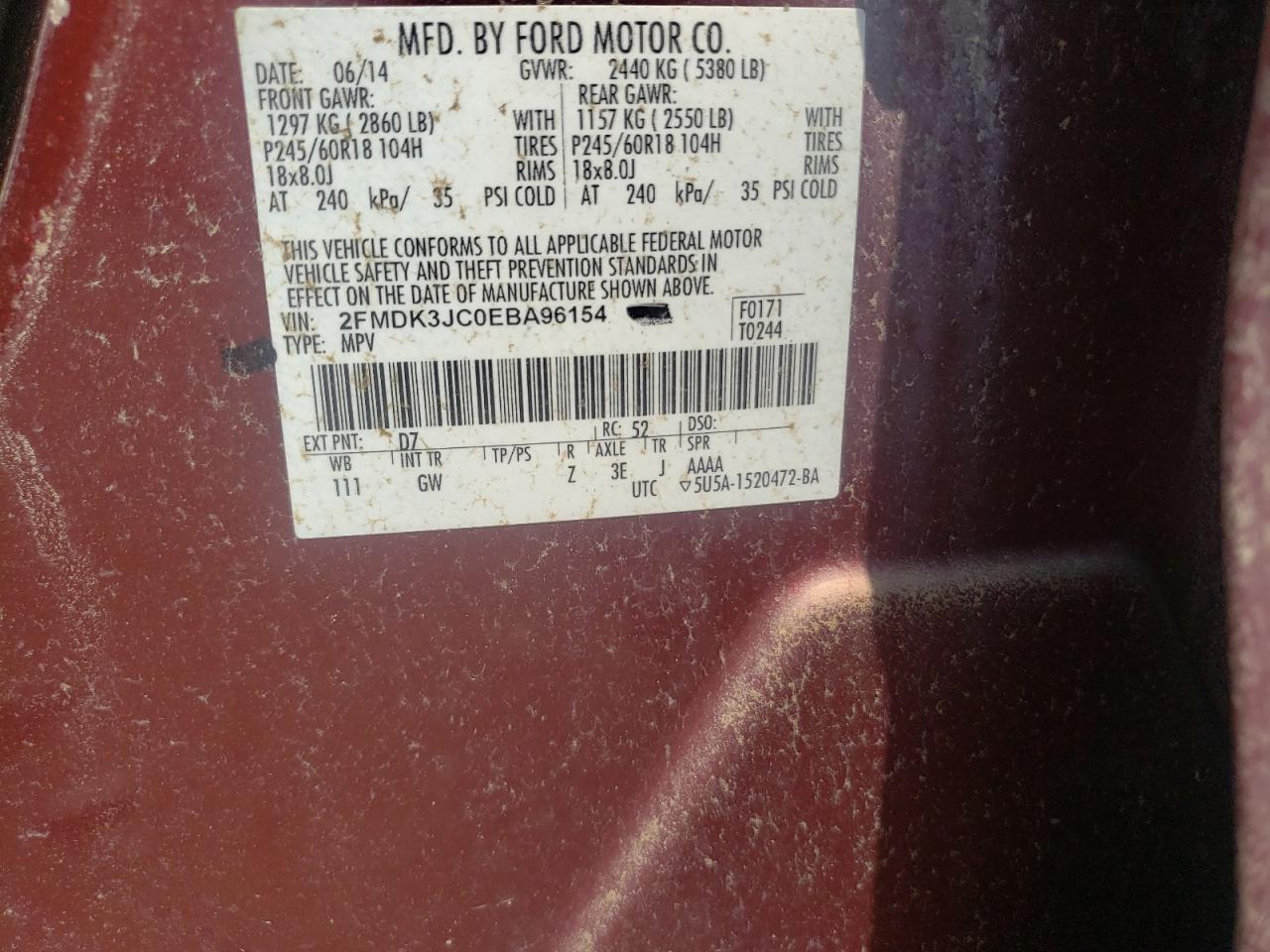 Photo 10 from auction – 2014 FORD EDGE SEL with VIN 2FMDK3JC0EBA96154