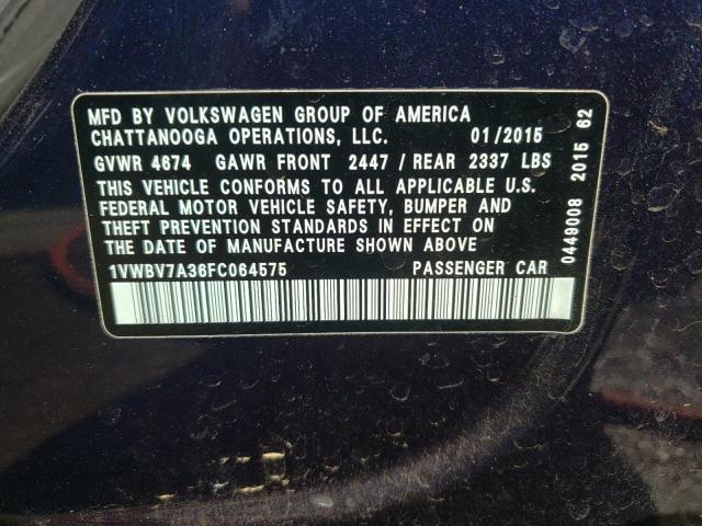 Photo 10 from auction – 2015 VOLKSWAGEN PASSAT SE with VIN 1VWBV7A36FC064575