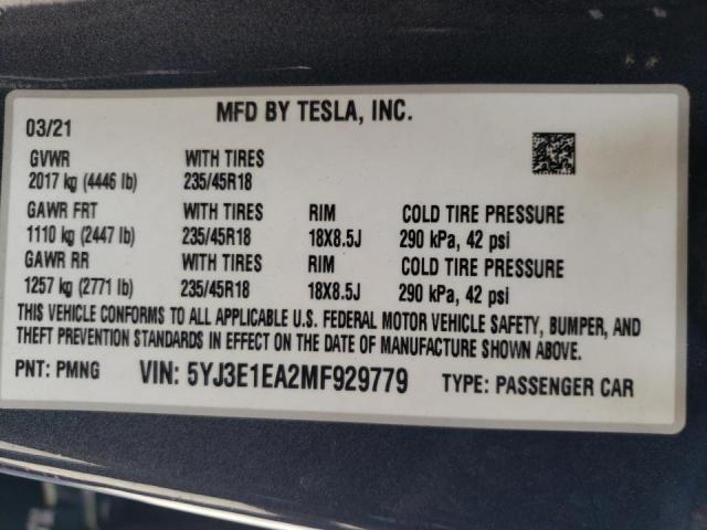Photo 10 from auction – 2021 TESLA MODEL 3 with VIN 5YJ3E1EA2MF929779