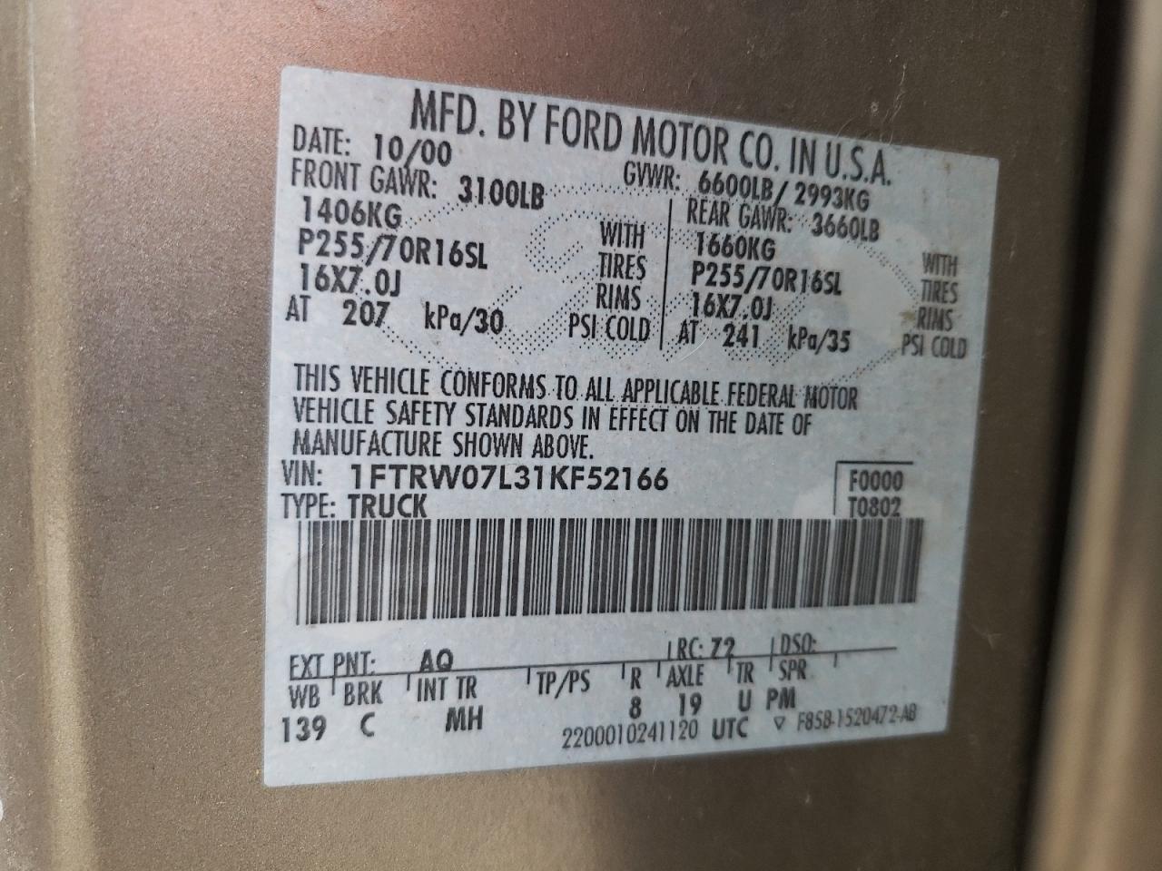 Photo 10 from auction – 2001 FORD F150 SUPER with VIN 1FTRW07L31KF52166