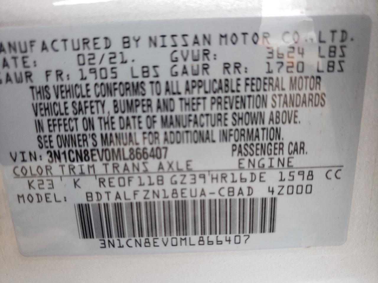 Photo 10 from auction – 2021 NISSAN VERSA SV with VIN 3N1CN8EV0ML866407
