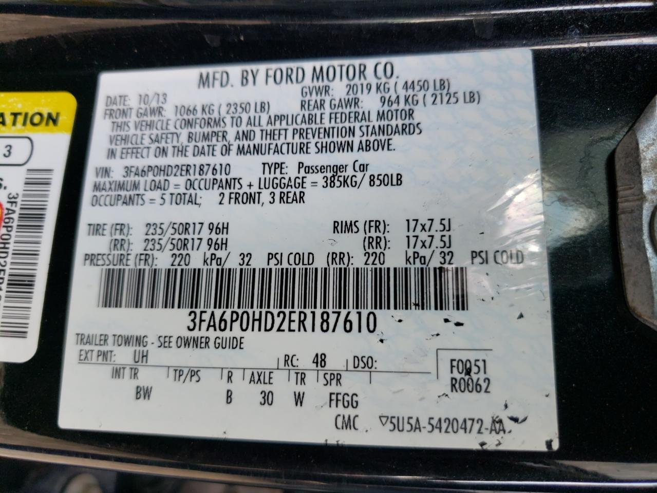 Photo 10 from auction – 2014 FORD FUSION SE with VIN 3FA6P0HD2ER187610