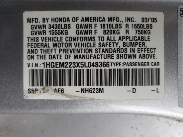 Photo 10 from auction – 2005 HONDA CIVIC DX V with VIN 1HGEM223X5L048366