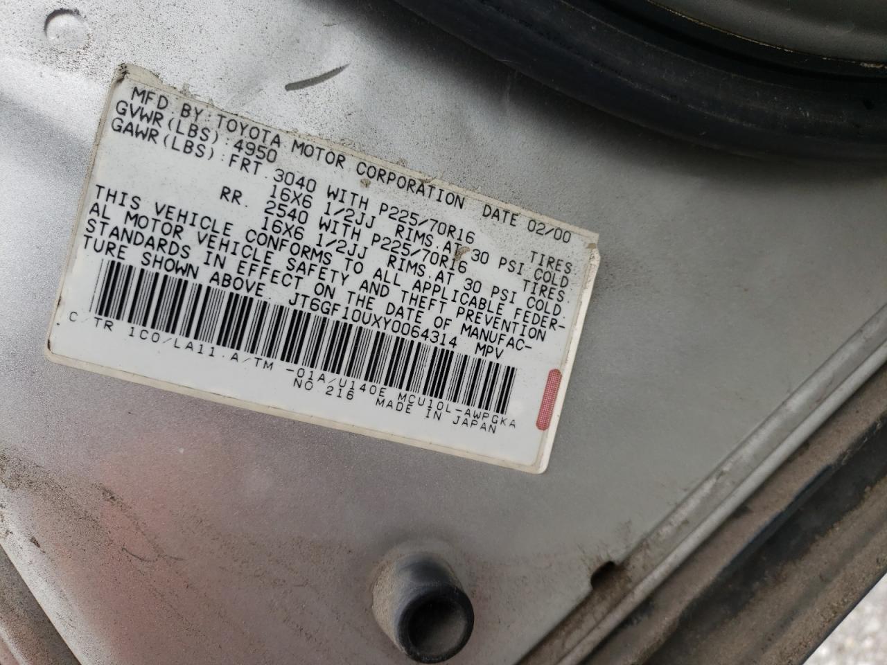 Photo 10 from auction – 2000 LEXUS RX 300 with VIN JT6GF10UXY0064314
