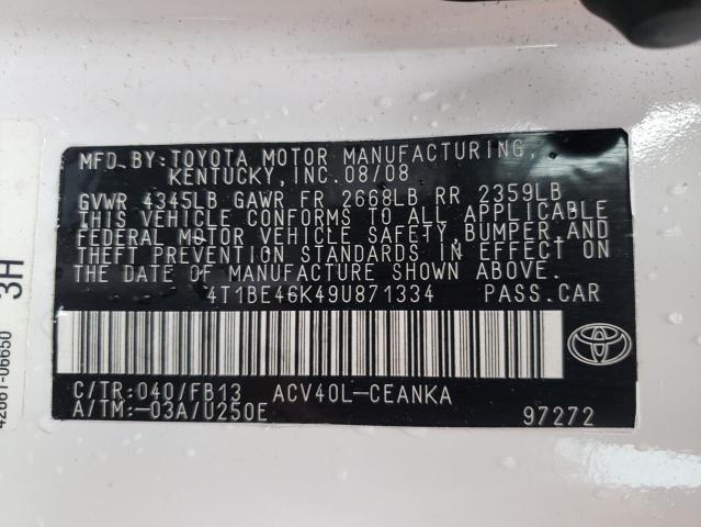 Photo 10 from auction – 2009 TOYOTA CAMRY BASE with VIN 4T1BE46K49U871334