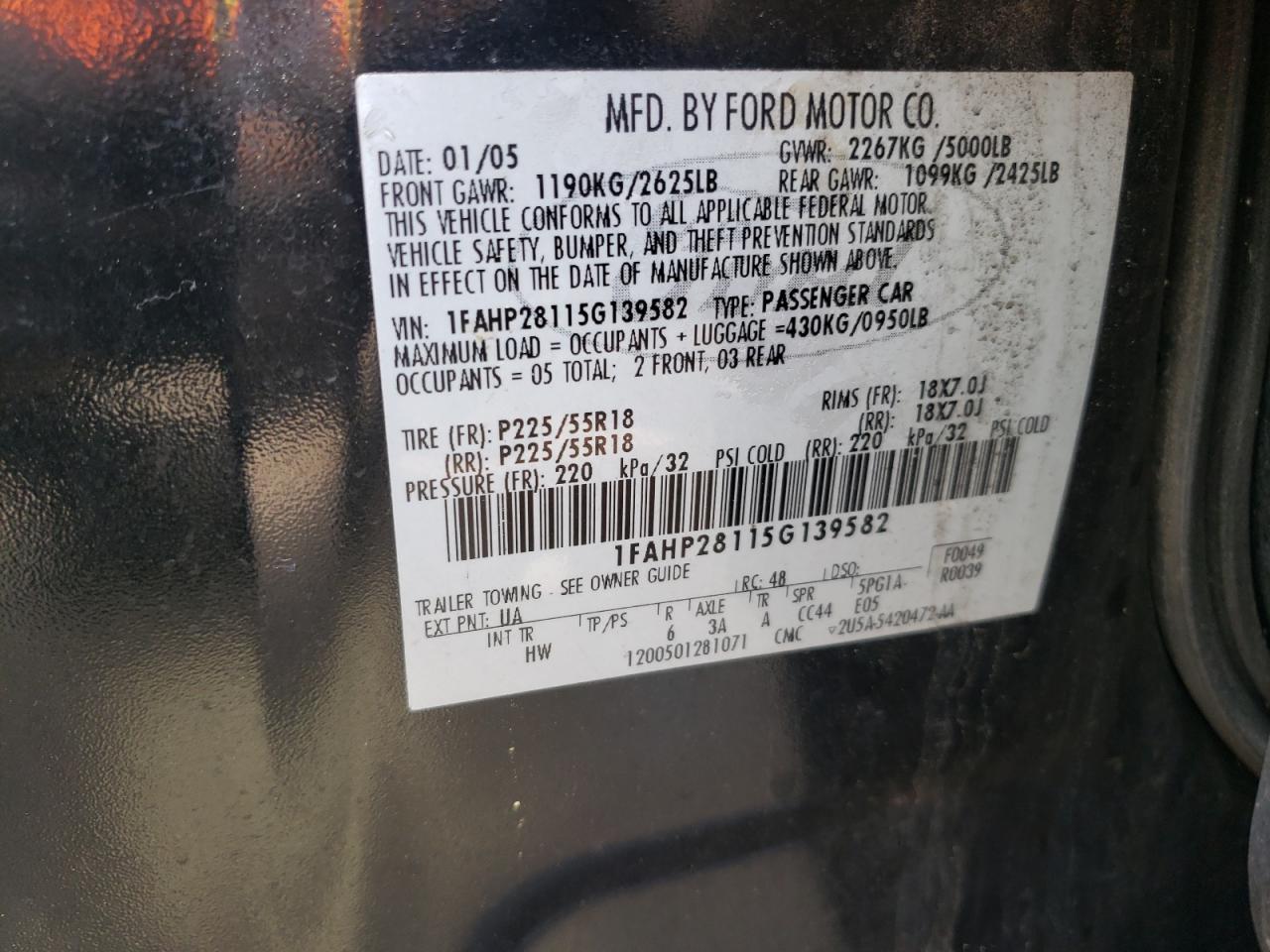 Photo 10 from auction – 2005 FORD FIVE HUNDR with VIN 1FAHP28115G139582