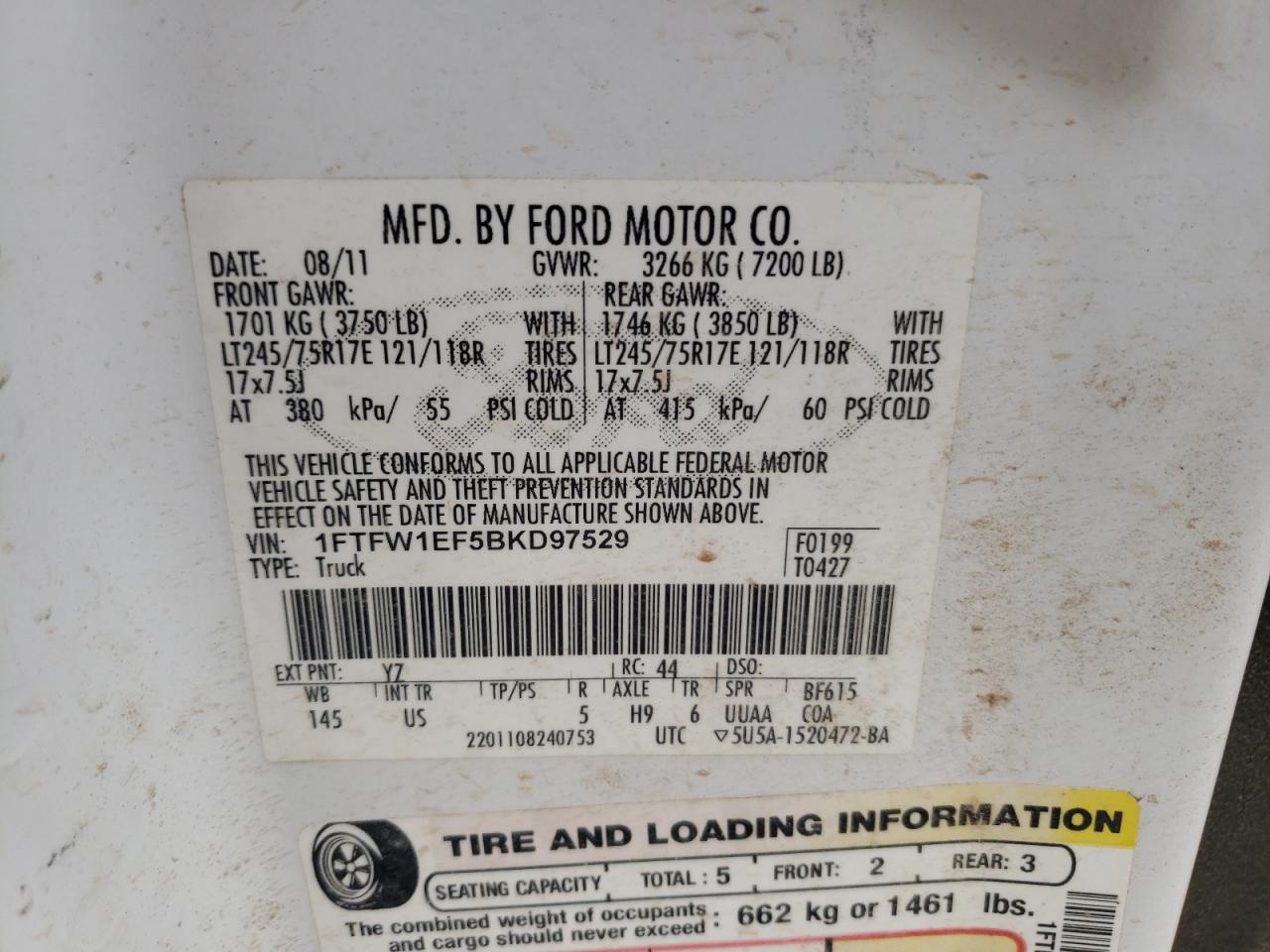 Photo 10 from auction – 2011 FORD F150 SUPER with VIN 1FTFW1EF5BKD97529