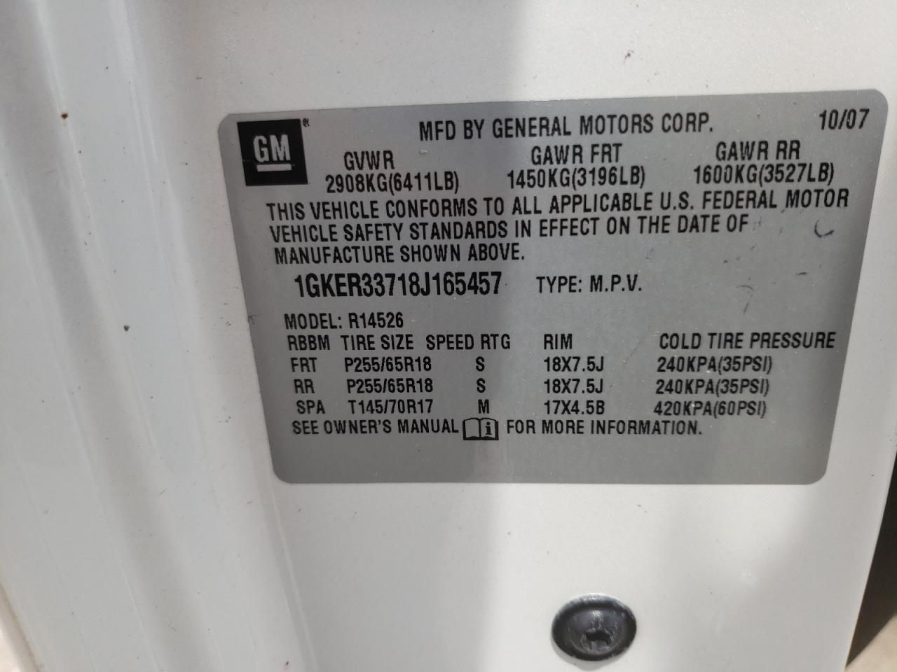 Photo 10 from auction – 2008 GMC ACADIA SLT with VIN 1GKER33718J165457