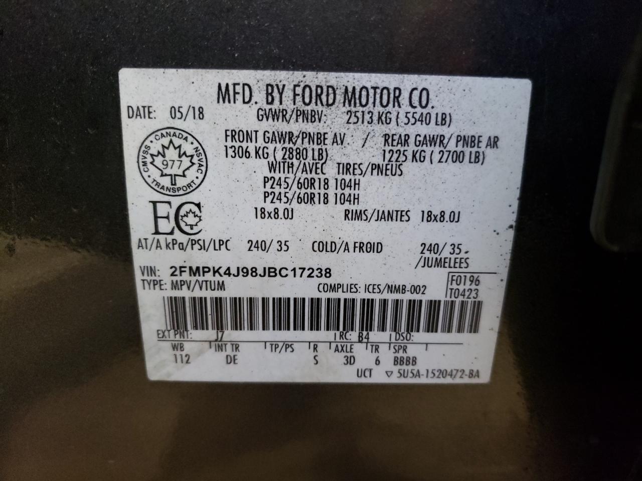 Photo 10 from auction – 2018 FORD EDGE SEL with VIN 2FMPK4J98JBC17238