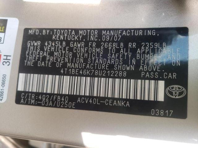 Photo 10 from auction – 2008 TOYOTA CAMRY CE with VIN 4T1BE46K78U212288