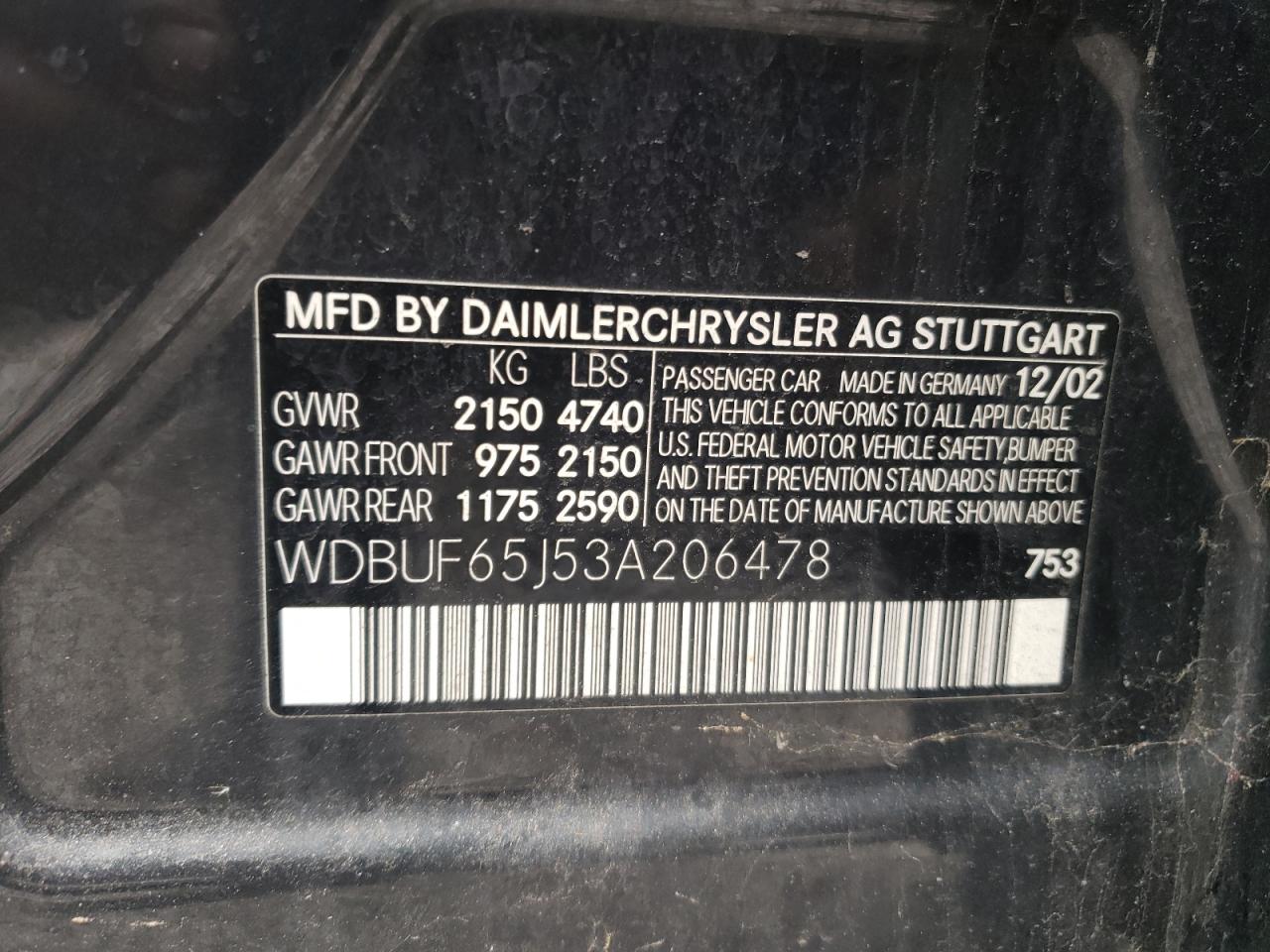Photo 10 from auction – 2003 MERCEDES-BENZ E 320 with VIN WDBUF65J53A206478