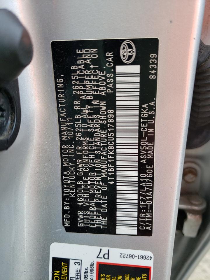 Photo 10 from auction – 2012 TOYOTA CAMRY BASE with VIN 4T1BF1FK8CU517898