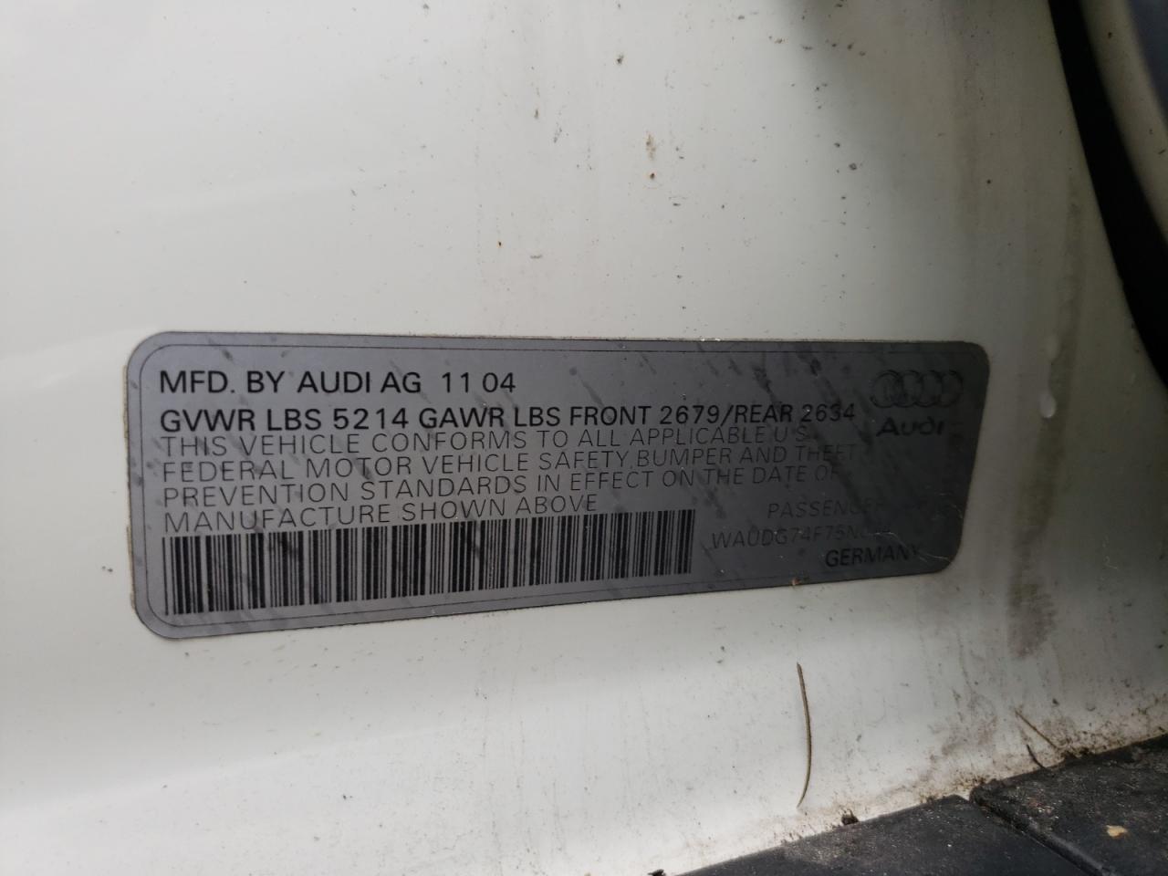 Photo 10 from auction – 2005 AUDI A6 3.2 QUA with VIN WAUDG74F75N074110