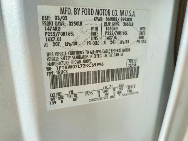 Photo 10 from auction – 2002 FORD F150 SUPER with VIN 1FTRW07L72KC69996