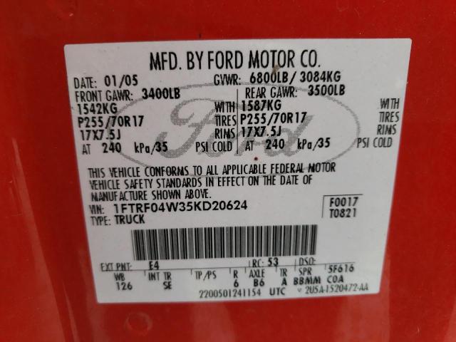 Photo 10 from auction – 2005 FORD F150 with VIN 1FTRF04W35KD20624