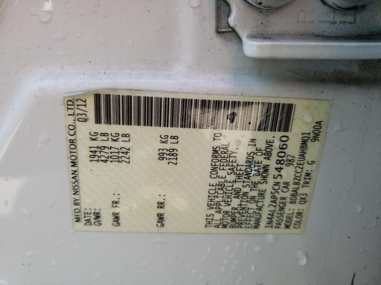 Photo 10 from auction – 2012 NISSAN ALTIMA BAS with VIN 1N4AL2AP5CN548060