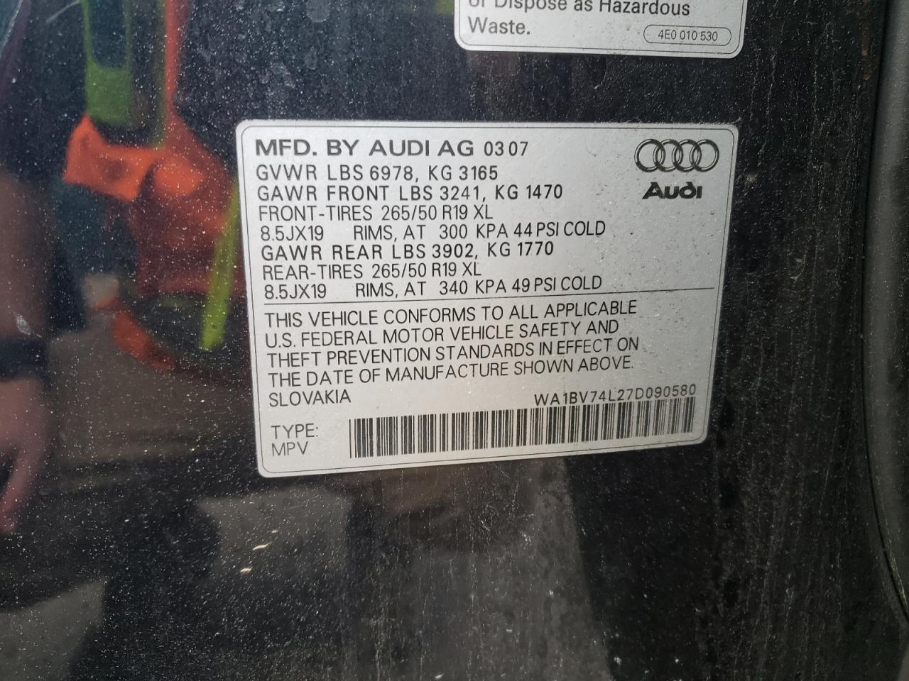 Photo 10 from auction – 2007 AUDI Q7 4.2 QUA with VIN WA1BV74L27D090580