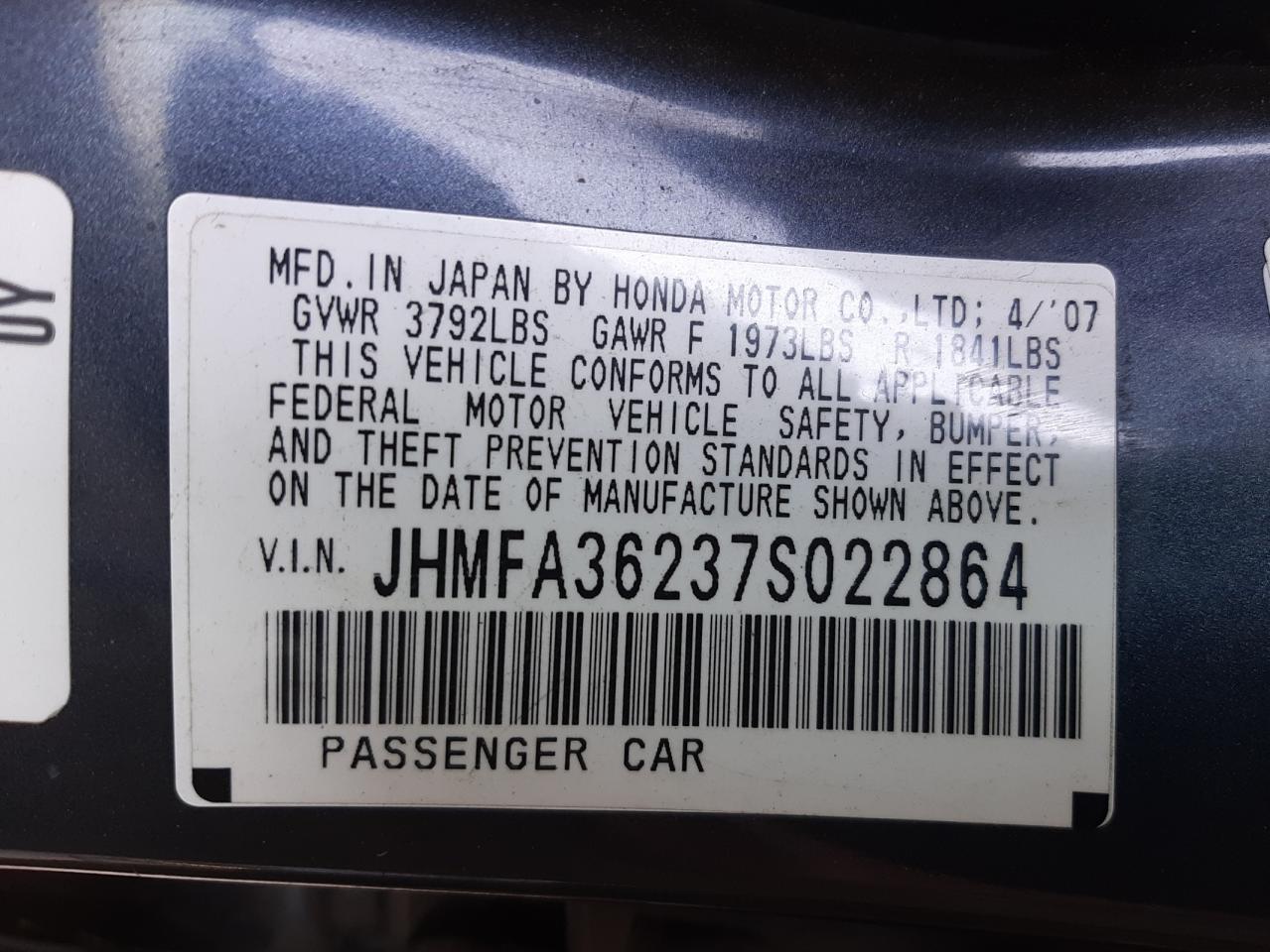 Photo 10 from auction – 2007 HONDA CIVIC HYBR with VIN JHMFA36237S022864