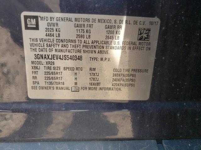 CHEVROLET EQUINOX LT 2018 with VIN 3GNAXJEV4JS540348 - Photo from auction