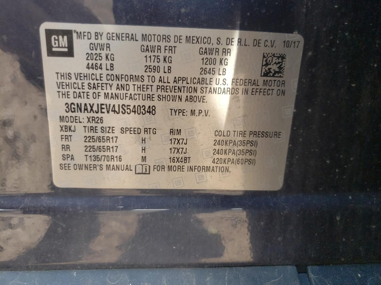 Photo 11 from auction – 2018 CHEVROLET EQUINOX LT with VIN 3GNAXJEV4JS540348