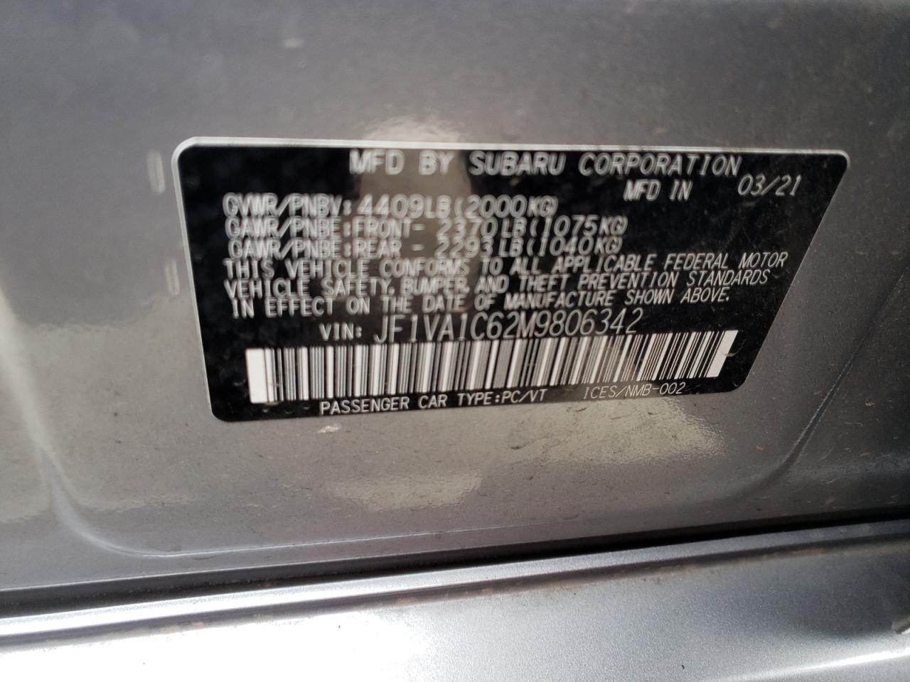 Photo 10 from auction – 2021 SUBARU WRX PREMIU with VIN JF1VA1C62M9806342