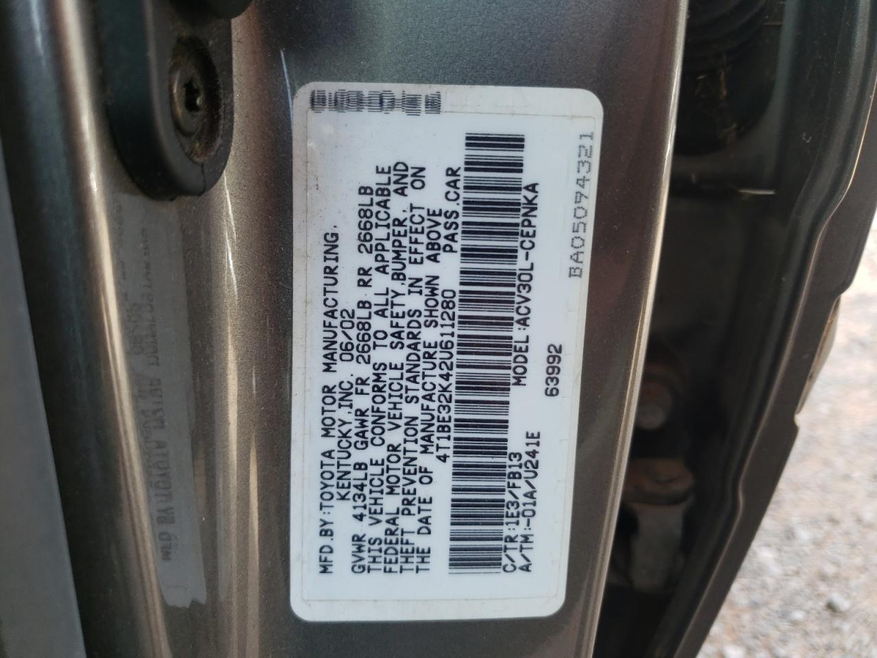 Photo 10 from auction – 2002 TOYOTA CAMRY LE with VIN 4T1BE32K42U611280