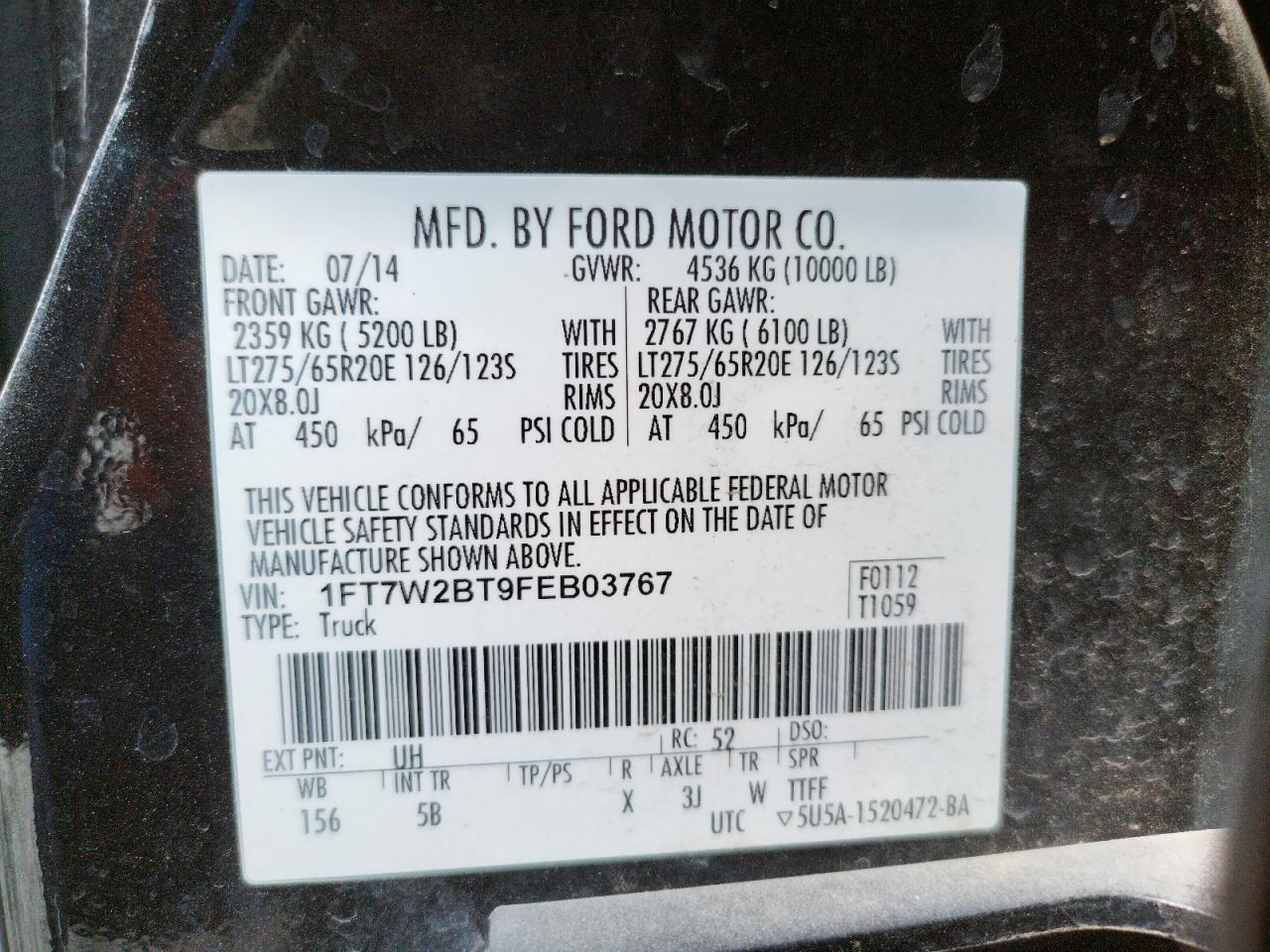 Photo 10 from auction – 2015 FORD F250 SUPER with VIN 1FT7W2BT9FEB03767