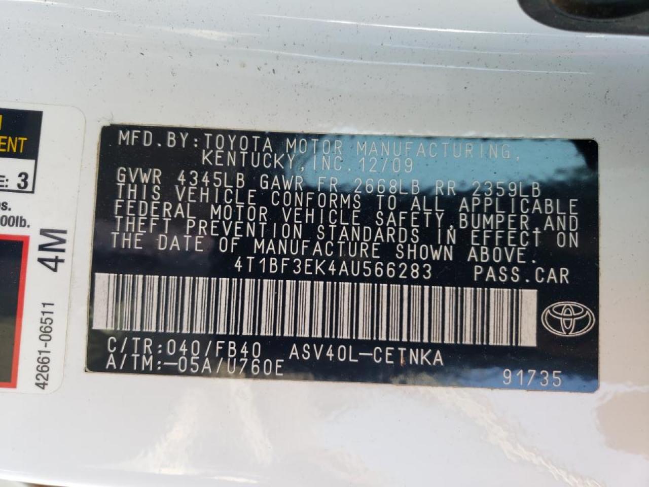 Photo 10 from auction – 2010 TOYOTA CAMRY BASE with VIN 4T1BF3EK4AU566283