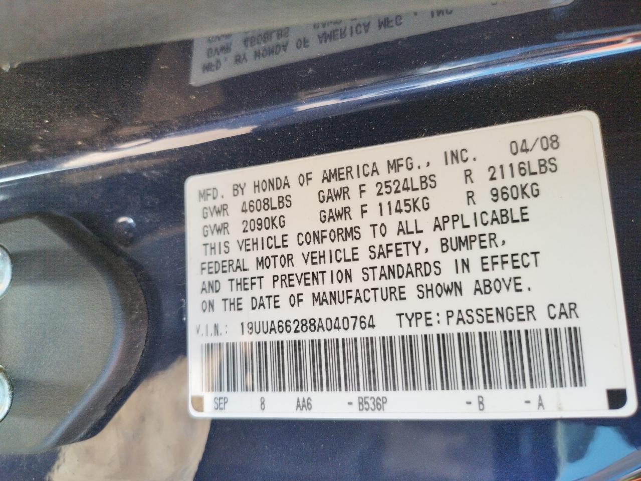 Photo 20 from auction – 2008 ACURA TL with VIN 19UUA66288A040764