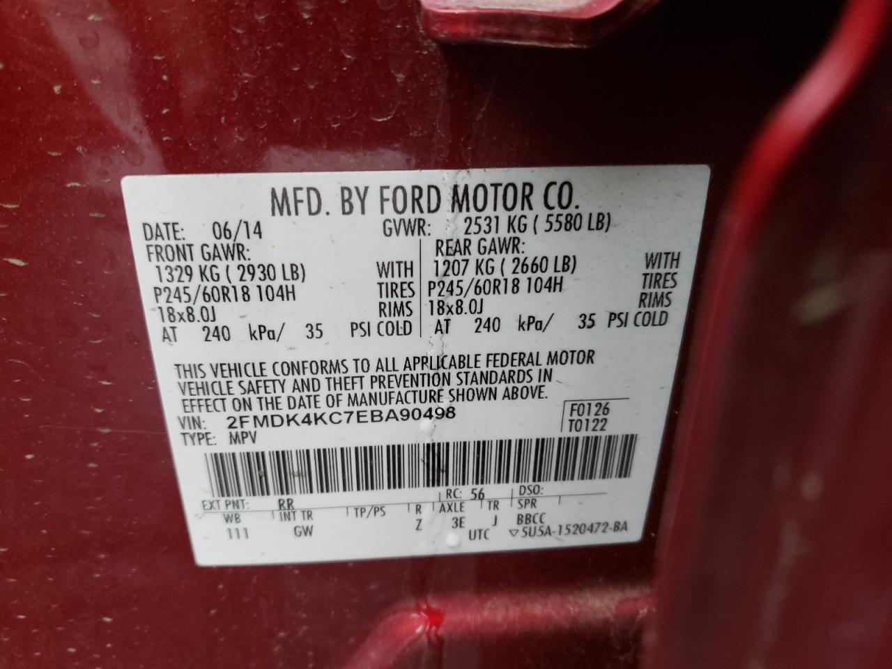 Photo 10 from auction – 2014 FORD EDGE LIMIT with VIN 2FMDK4KC7EBA90498