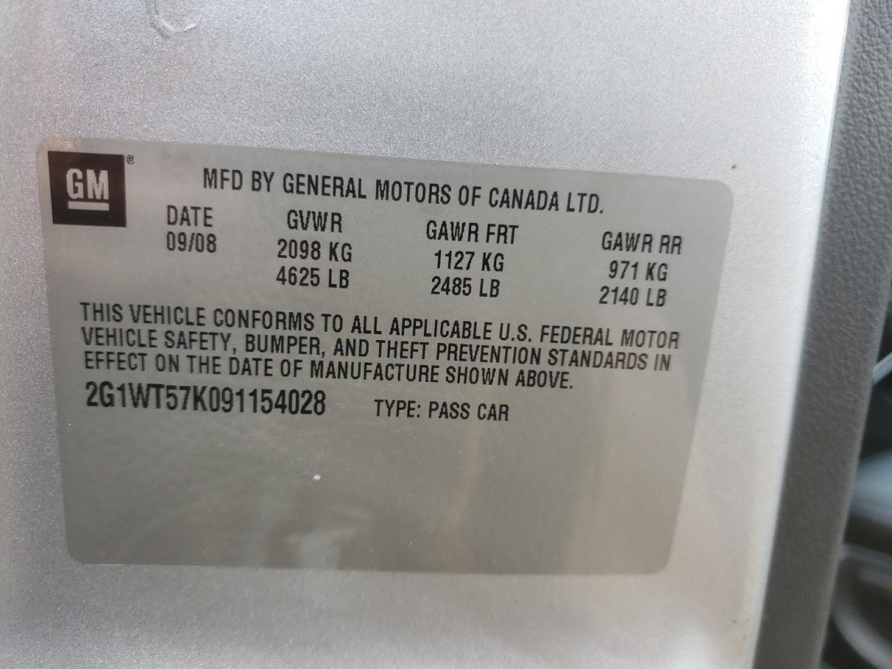 Photo 10 from auction – 2009 CHEVROLET IMPALA 1LT with VIN 2G1WT57K091154028