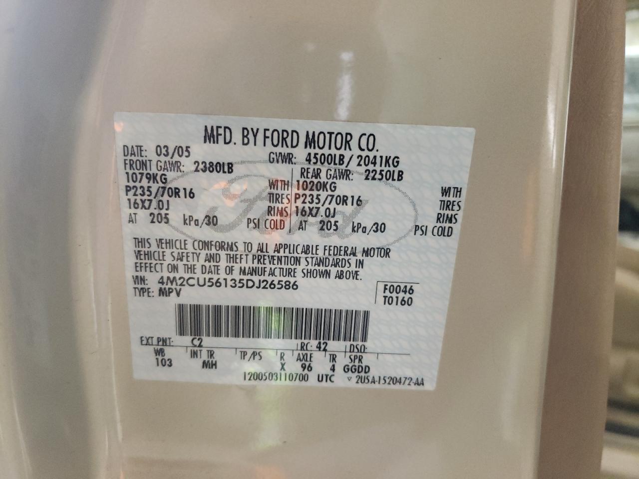 Photo 10 from auction – 2005 MERCURY MARINER with VIN 4M2CU56135DJ26586
